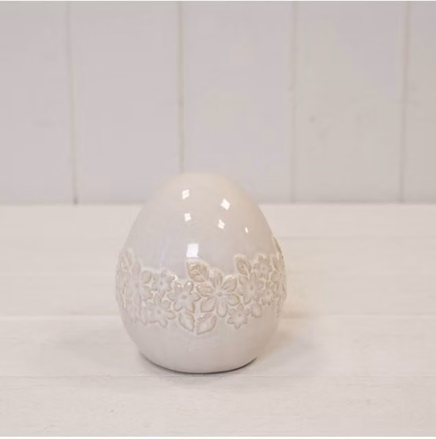 KDMD Small White Ceramic Egg with Floral Garland Design