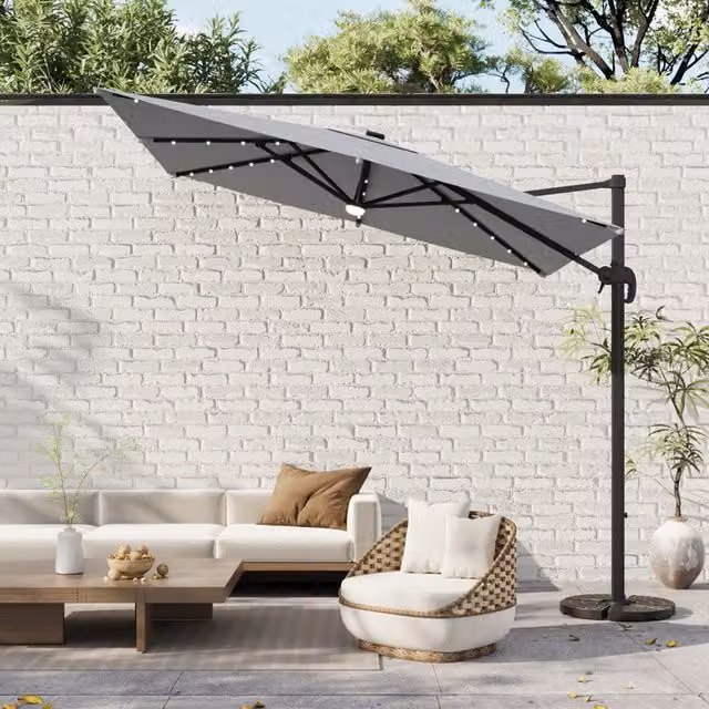 Breeins Square Cantilever Parasol Set with LEDs and Rotating Base in Light Grey