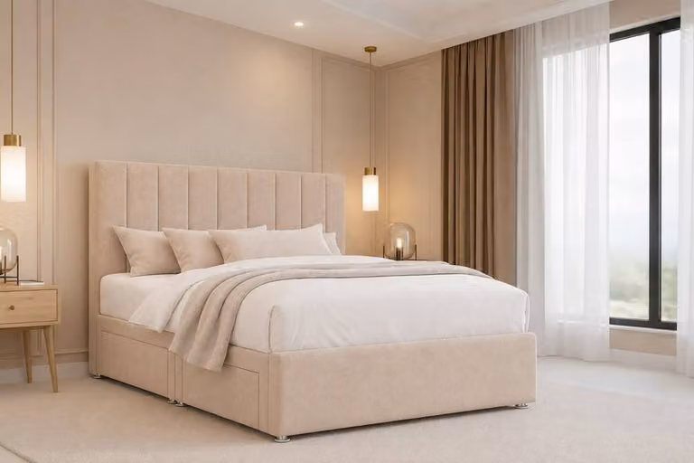 Nexus Mattresses Ltd Kyoto Plush Divan Bed Base with Headboard in Beige Velvet Fabric, W/D/H: 140 x 200 cm