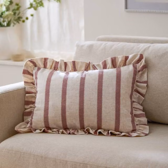 Wylder Haus Connie Striped Ruffle Linen Cushion in Pink, W: 50 cm, H: 35 cm – 1