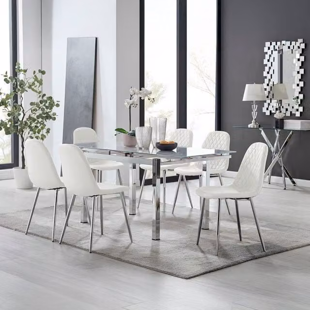 Furniturebox Enna White Glass Extending Dining Table and 6 Corona Silver Leg Chairs