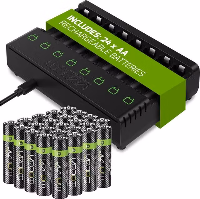 Venom Rechargeable AA Battery Charging Dock with 24 x 2100mAh AA Batteries, Black, USB-C