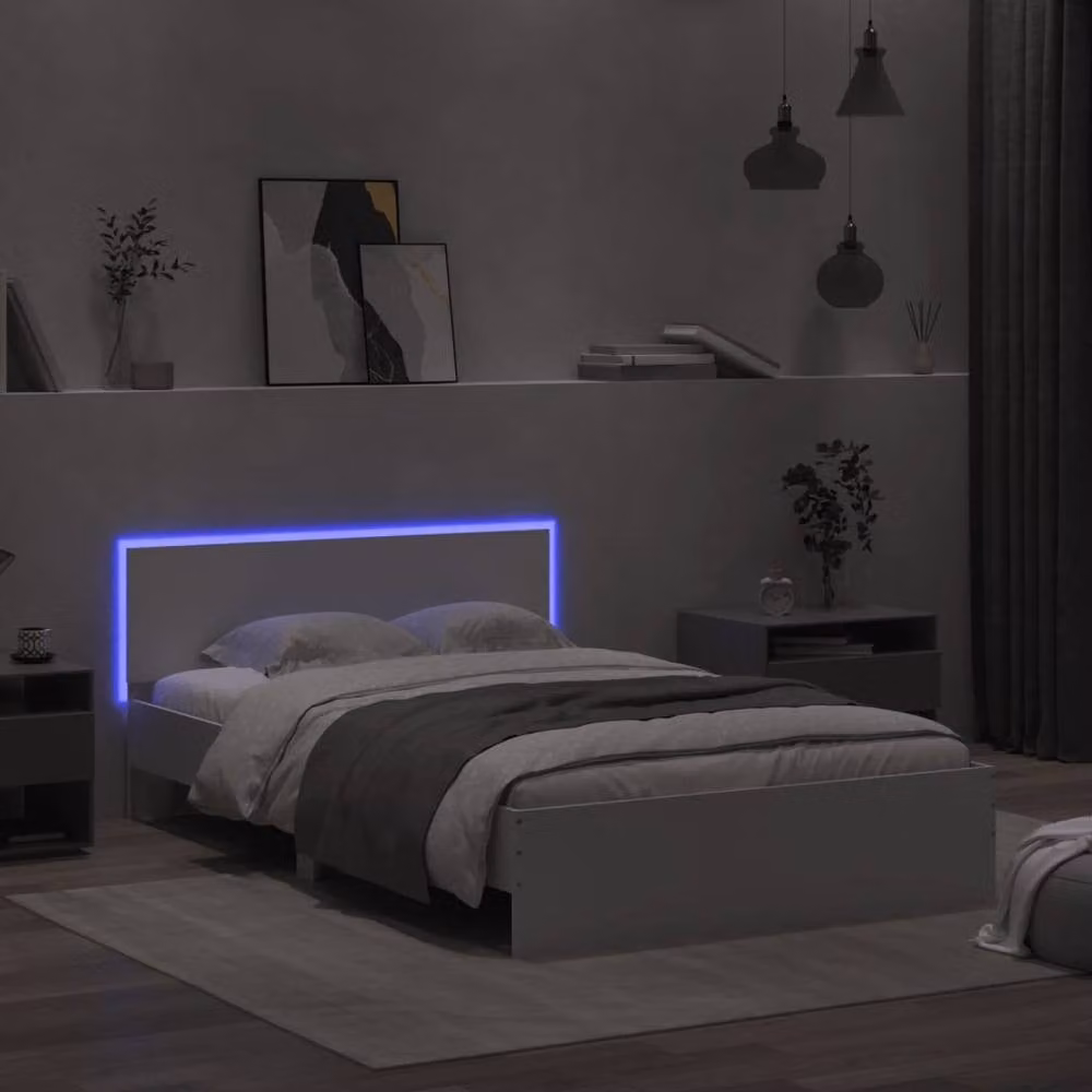 Berkfield Home Modern Double Bed Frame with LED Under-Bed Lighting and USB Charging Port, White, W: 135 cm, D: 190 cm – 3