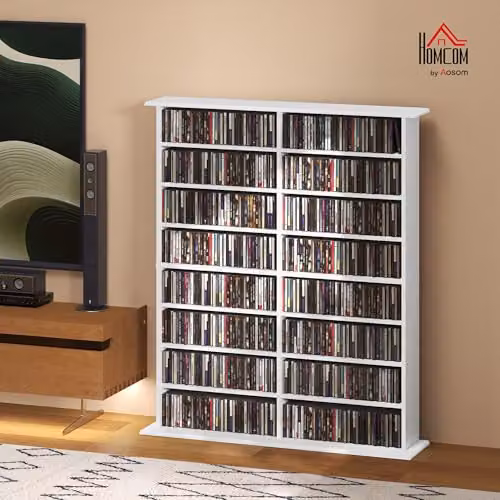 HOMCOM White Media Storage Unit with 12 Adjustable Shelves and Back Panel – 2
