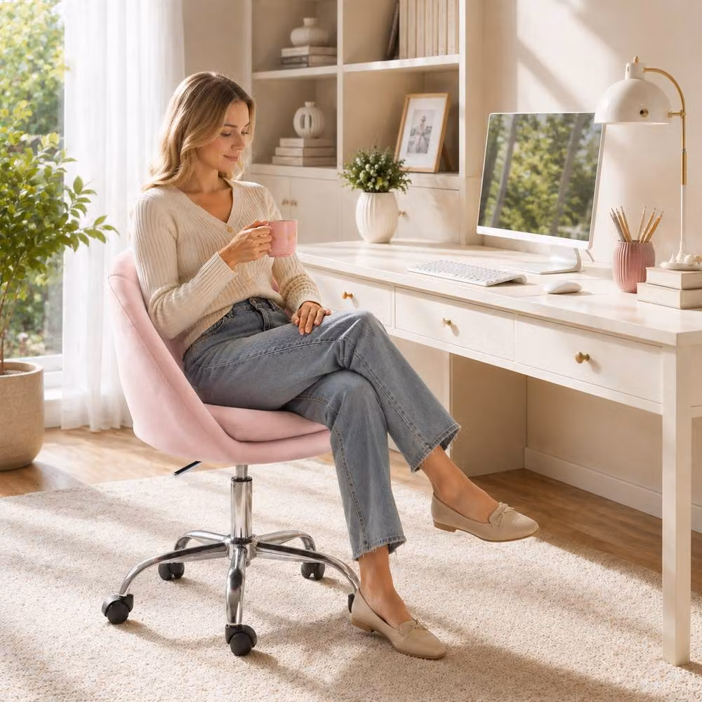 HOMCOM Pink Velvet Task Chair with Height-Adjustable Swivel and Castors – 2