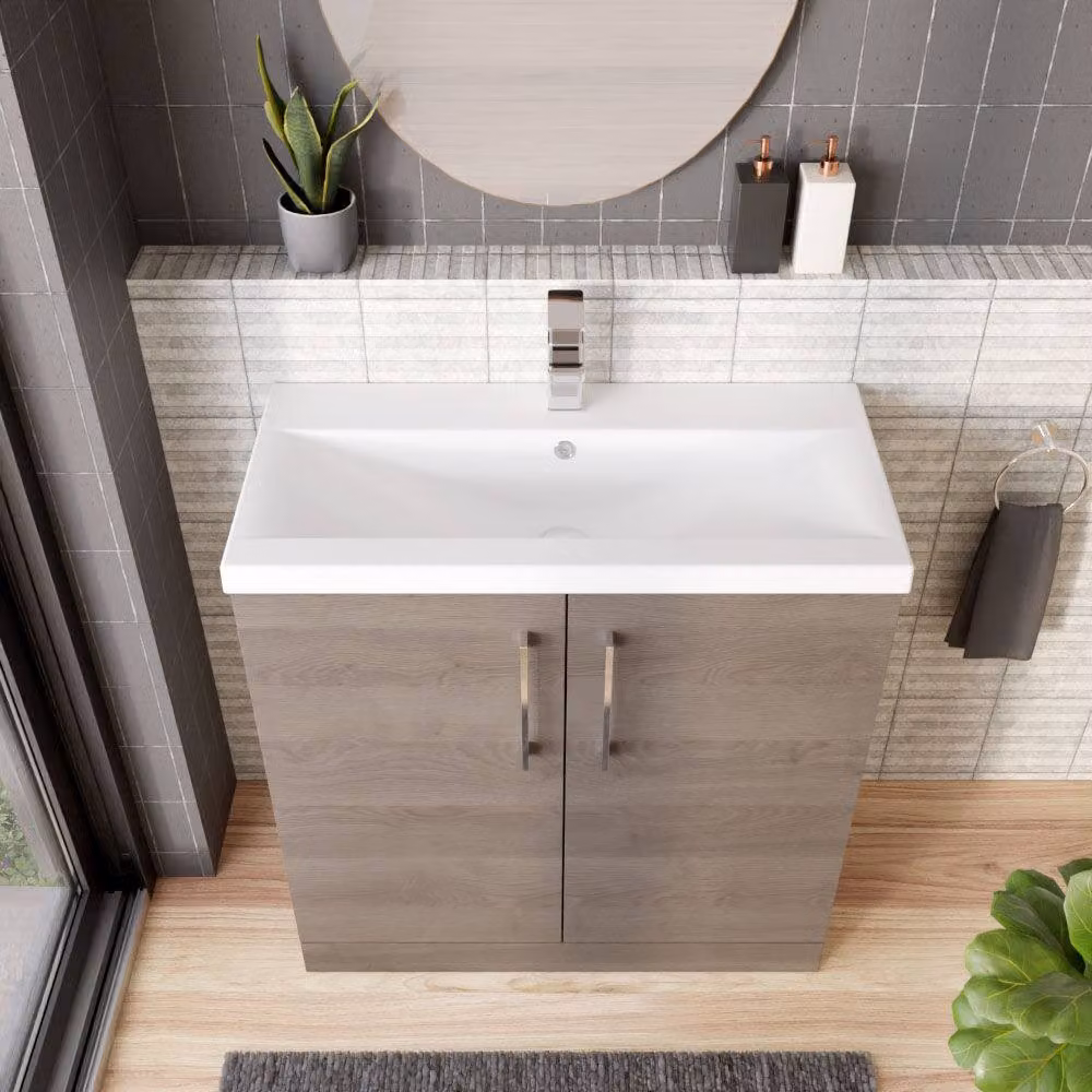 Balterley Contemporary Floor Standing 2-Door Bathroom Vanity Unit with Mid-Edge Ceramic Basin, Solace Oak Brown, W: 80 cm, D: 39 cm, H: 84 cm – 3
