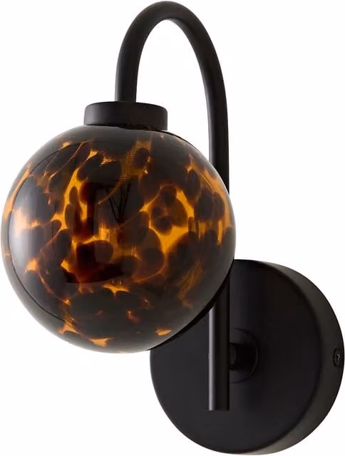 ValueLights Chiara Leopard Print Hand Blown Glass Globe Wall Light in Black and Gold/Brass with Bulb