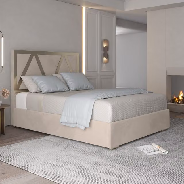 KDMD Alison Upholstered Soft Velvet Metal Bed Frame in Cream, Size: 200 x 200 cm