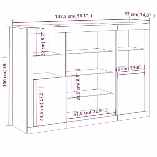 vidaXL Set of 3 Modern Sideboards with Integrated LED Lights in Sonoma Oak Brown Engineered Wood – 2