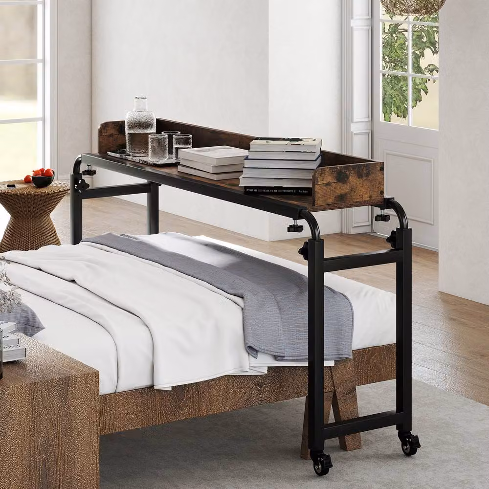 Gymax Adjustable Height Mobile Overbed Computer Desk with Castors in Brown – 8