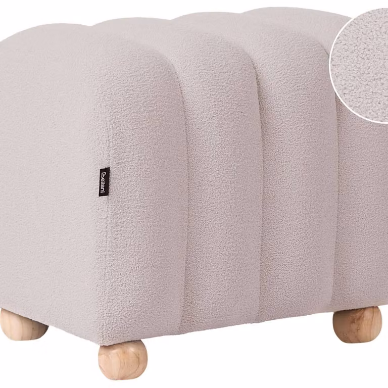Wyld and Coco Off-White Boucle Round Ottoman with Rubberwood Legs