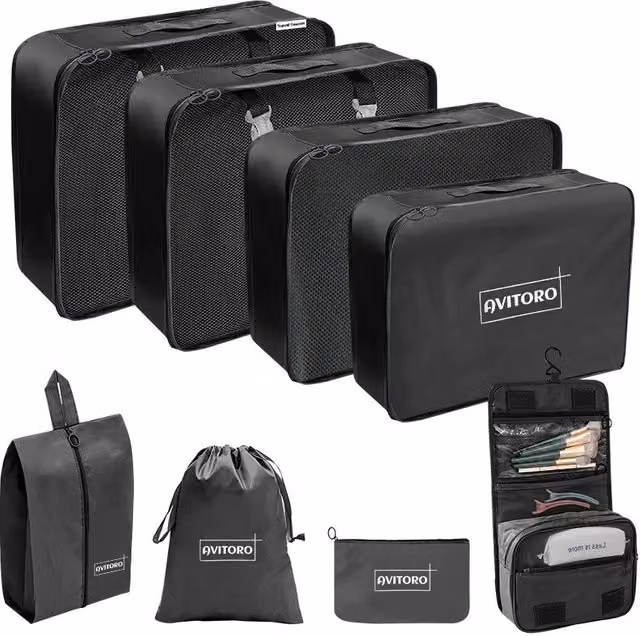 Leaper 9-Piece Black Mesh Fabric Cosmetic and Outdoor Luggage Storage Bag Set