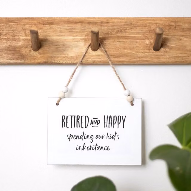 Kingsbury Gifts Retired and Happy Small Hanging Wooden Wall Plaque in White