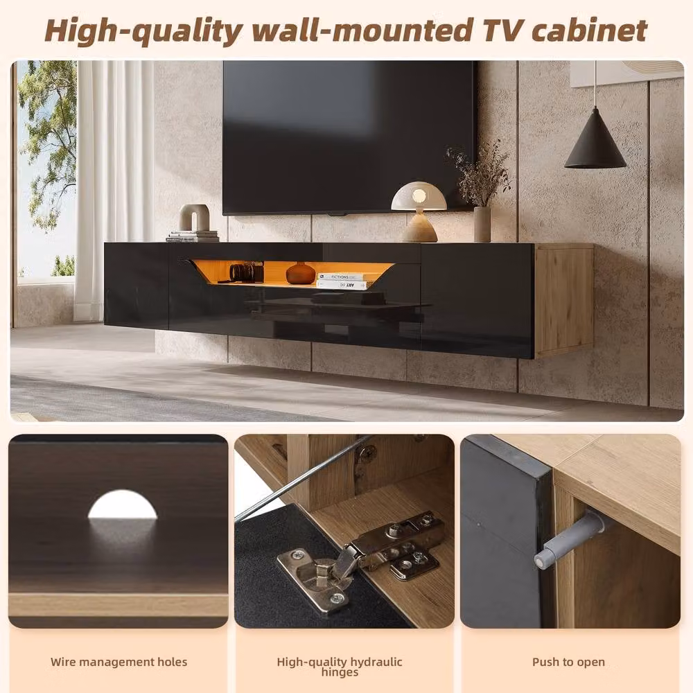 ModernLuxe High Gloss Floating TV Stand Cabinet with Integrated LED Lights and 2 Doors in Black, W: 180 cm, D: 37 cm, H: 36 cm – 5