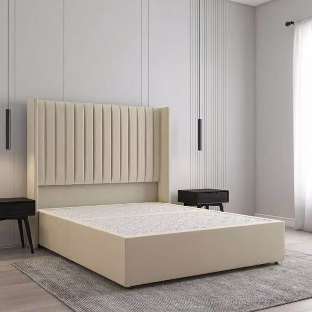 Regional Furnishings Plush Velvet Divan Bed Base with 54 inch Headboard in Cream, Single Size, W/D/H: 90 x 200 x 30.48 cm