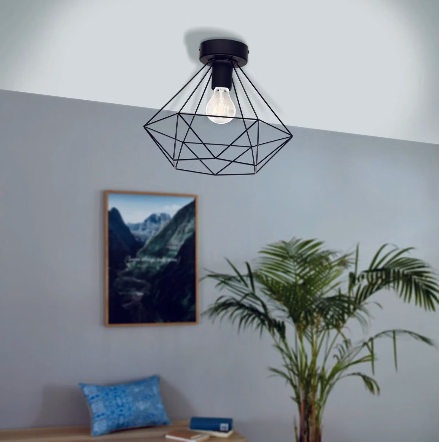 Loops Black Geometric Wire Cage Shade Low Ceiling Light and 2x Matching Wall Lights – 2