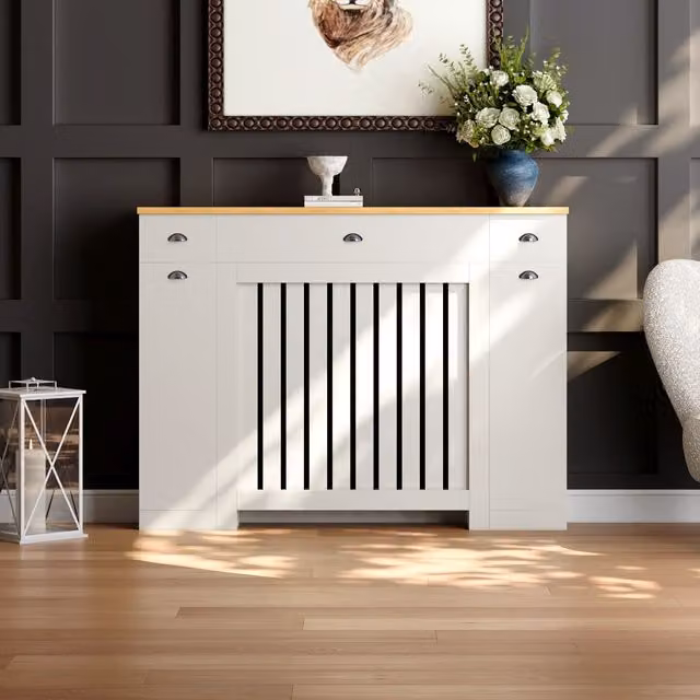 Temprazo Modern Striped MDF Wall Mounted Radiator Cover in Beige and Brown, Height: 13.5 cm