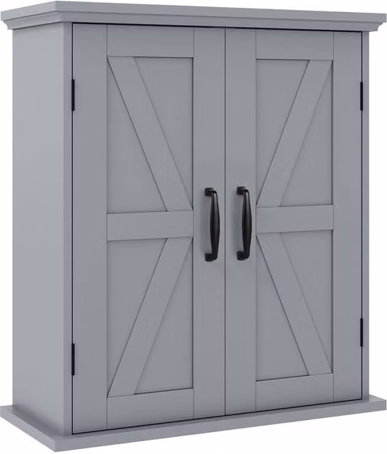 VOGREX Grey Farmhouse Wall Mounted Bathroom Cabinet with 2 Hinged Doors and Internal Shelves