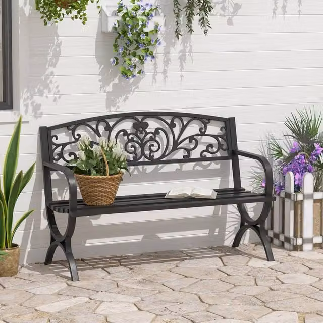 OUTSUNNY 2 Seater Vintage Metal Garden Bench in Matt Black with Floral Detail