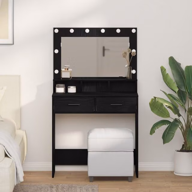 Berkfield Home Black Oak MDF Modern Vanity Table with Drawers, W/D/H: 79 x 41 x 135 cm