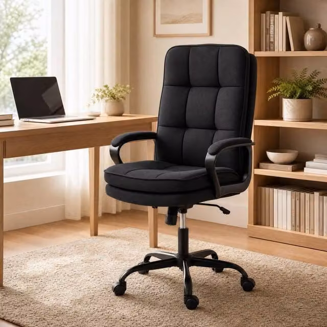 STILVORA Black Linen High Back Office Task Chair with Armrests and Swivel Function