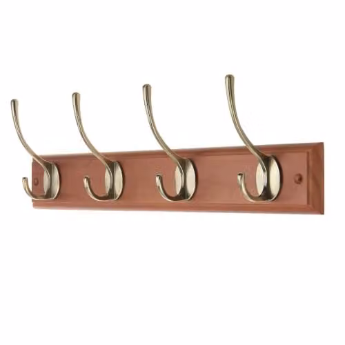 Keypak Oak Effect Wall Mounted Coat Rack with 4 Antique Brass Double Hooks, Brown and Gold