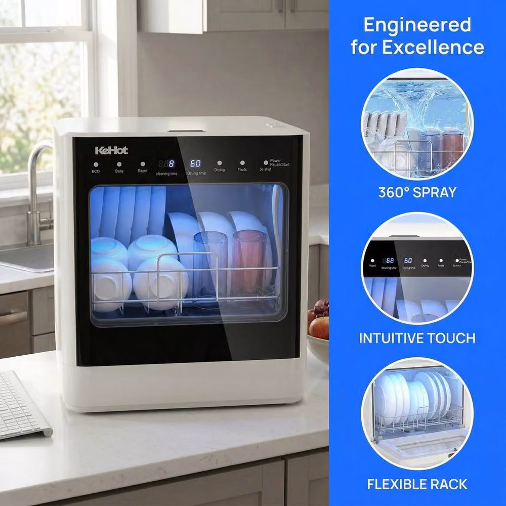NESTLUNE Portable Tabletop Fully Automatic Dishwasher with 5 Programs and 5L Tank Capacity in White – 2