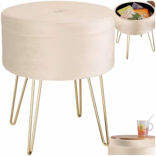 tectake Ava Round Velvet Stool with Storage Compartment in Beige and Gold – 1