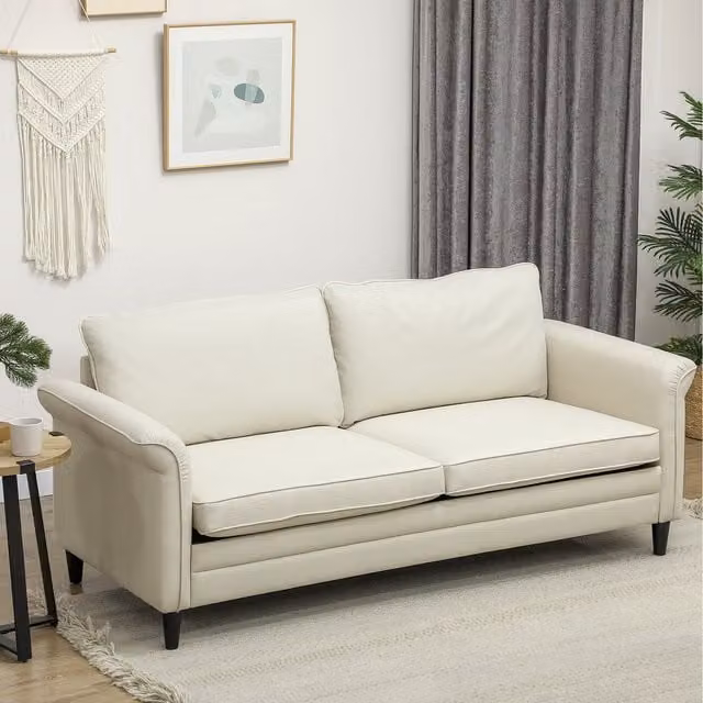 HOMCOM 3 Seater Modern Upholstered Sofa with Spring Core Cushions and Solid Rubberwood Frame in Cream