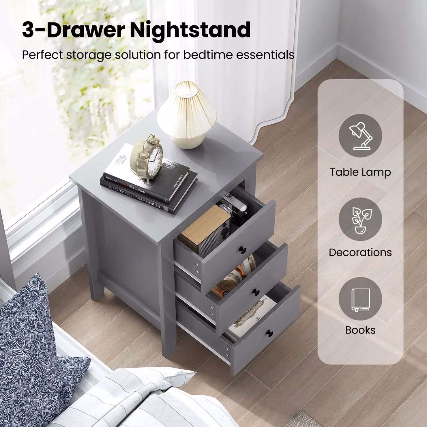 Gymax 3-Drawer Wooden Bedside Table and Nightstand in Grey – 2