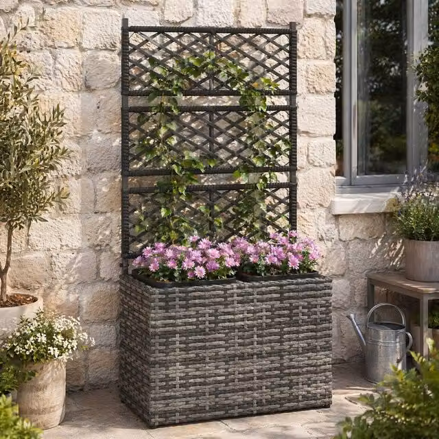 STILVORA Grey Raised Planter with Trellis made of Galvanised Steel, W/D/H: 57 x 25 x 22 cm – 1