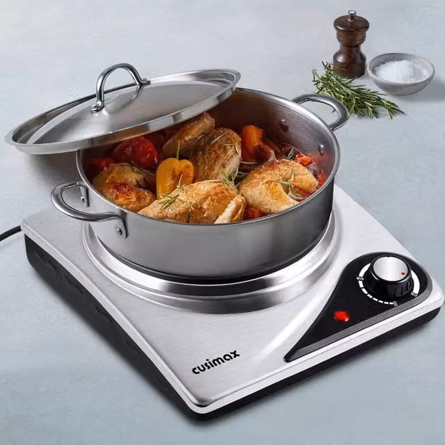 Cusimax 1500W Portable Electric Hot Plate with Cast Radiant Element and Analog Display in Silver Stainless Steel