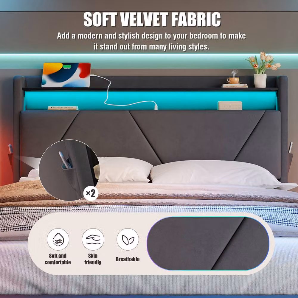 Direct Wicker Modern Upholstered Storage Bed with USB Charging Ports and Bedside Shelf in Grey, W/D/H: 140 x 200 cm – 7