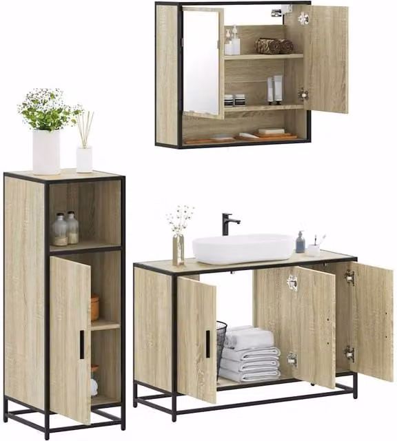Berkfield Home 3 Piece Industrial Bathroom Furniture Set in Brown Sonoma Oak – 1