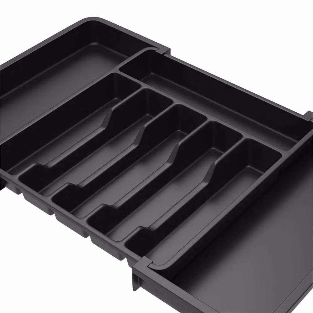 VOGREX Black Plastic Expandable Cutlery Tray Drawer Insert for Kitchen with Compartments – 4