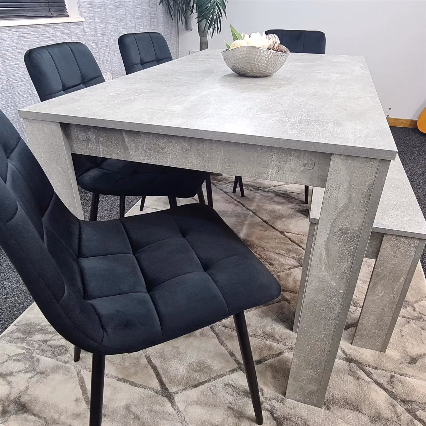 KOSY KOALA Modern Brown Dining Set with Grey Rectangular Table, 4 Black Velvet Chairs and 1 Bench – 3