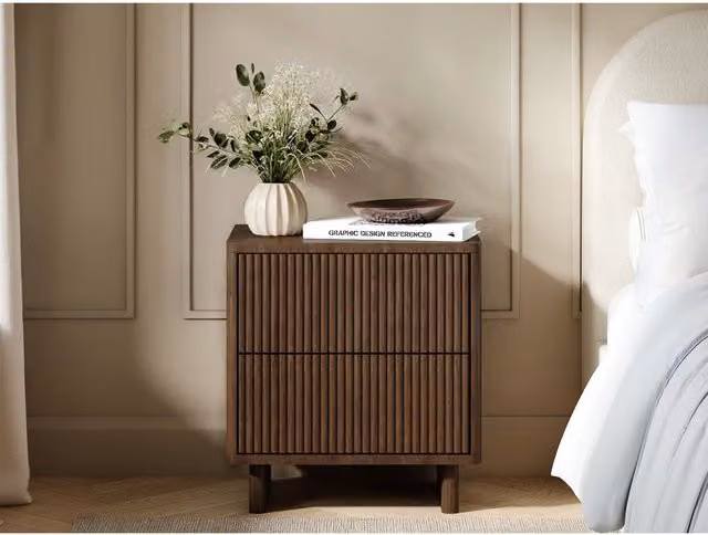 SOLACE+CO Velmor 2 Drawer Ribbed Bedside Table in Walnut