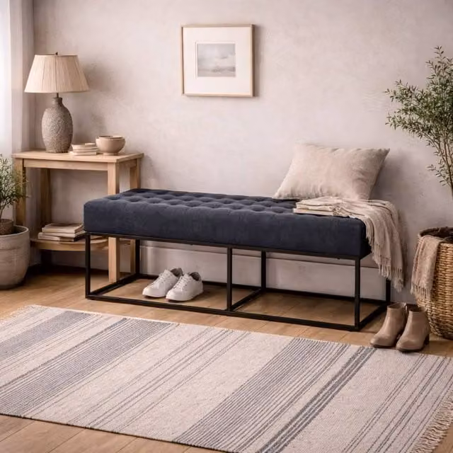 Wyld Haus Cavan Upholstered Diamond Bench in Steel Grey Chenille, W/D/H: 121.0 x 41.5 x 46.5 cm