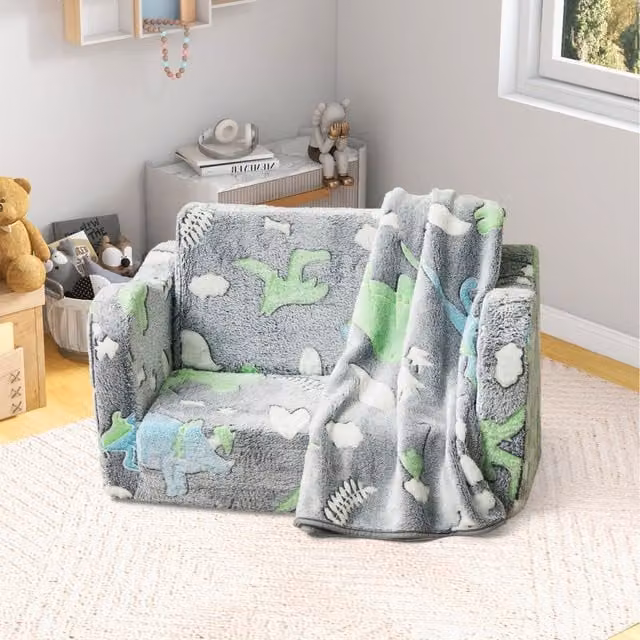 COSTWAY 2-in-1 Folding Toddler Sofa Lounger in Green with Abstract Foam Upholstery