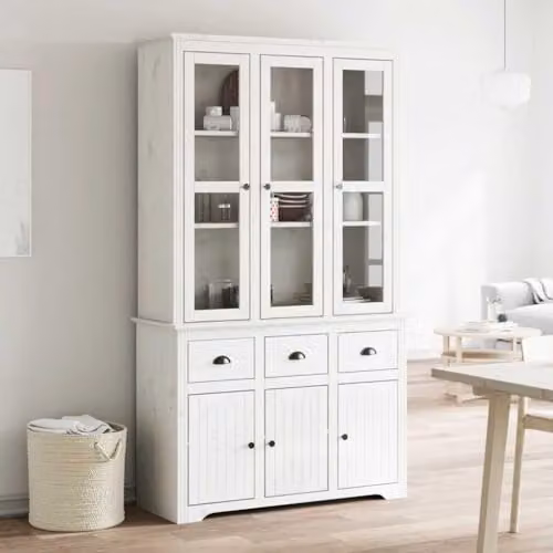 vidaXL BODO Highboard in White Solid Wood Pine with Glass Doors, W/D/H: 115.5 x 43 x 200.5 cm