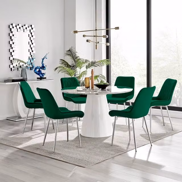 Furniturebox Palma Round White Marble Effect Dining Table and Pesaro Silver and Green Chairs Set