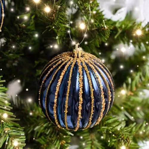 Melody Maison Set of 2 Blue and Gold Striped Glitter Hanging Christmas Baubles, Diameter: 8 cm – 2