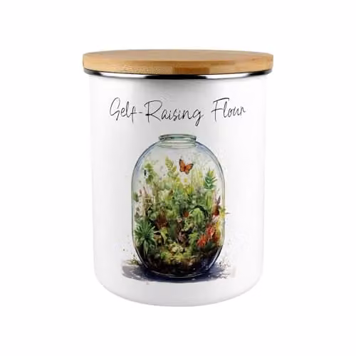 Purely Home Flourishing Terrarium Self-Raising Flour Storage Canister, 2.7 l, Green and White Enamel with Bamboo Lid