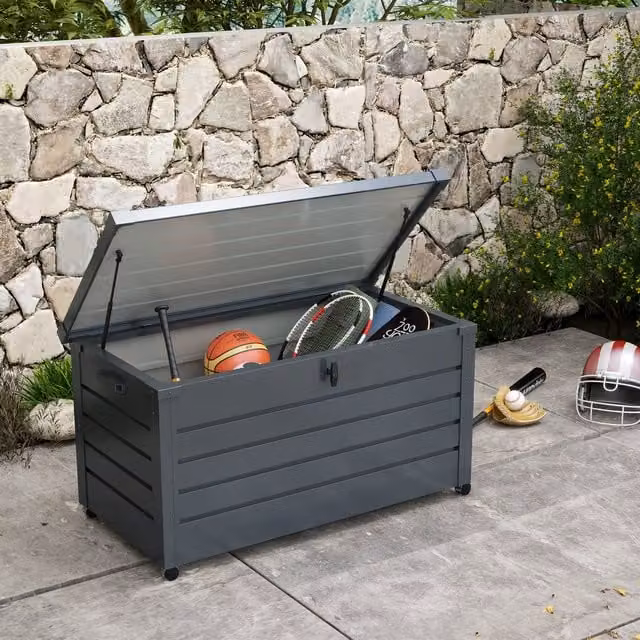 Outsunny 331L Outdoor Storage Box with Wheels and Lock in Dark Grey Matt Galvanised Steel