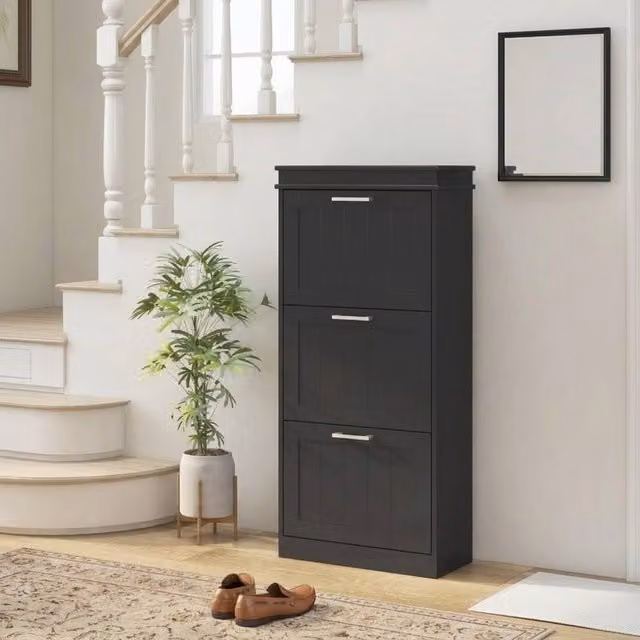 STILVORA Modern Black Matt Shoe Cabinet with 3 Tilting Doors and Internal Shelves, W/D/H: 117.5 x 54.0 x 3.0 cm – 1