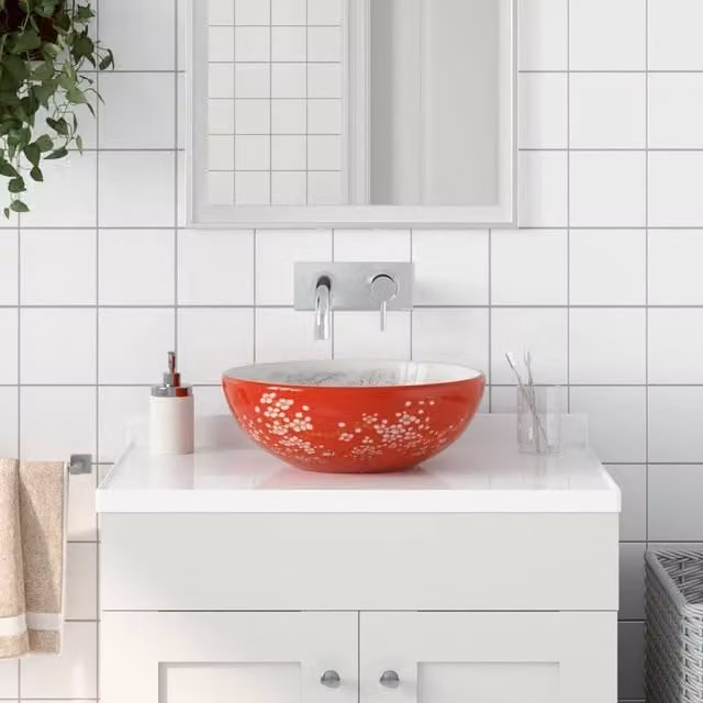 Berkfield Home Round Ceramic Countertop Basin in White and Red, Diameter: 41 cm, Height: 14 cm