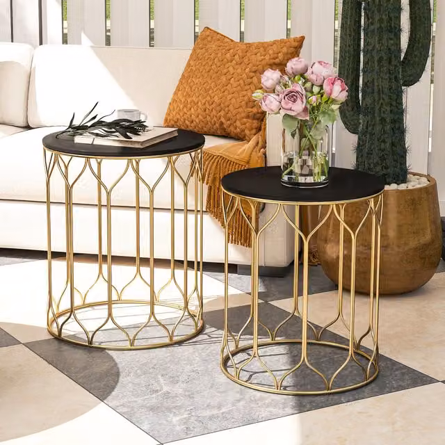 Outsunny Nesting Garden Side Tables with Marble Effect Top, Black