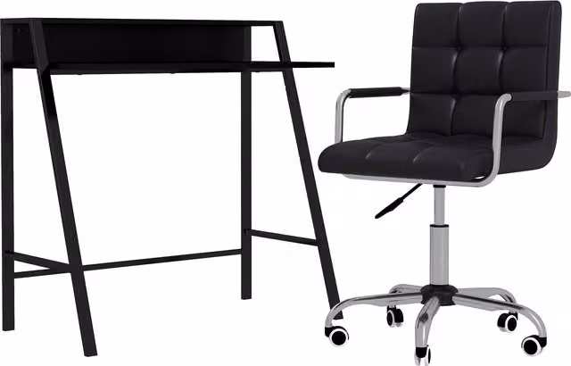 HOMCOM Black Faux Leather Office Chair and Study Desk Set with Storage Shelf