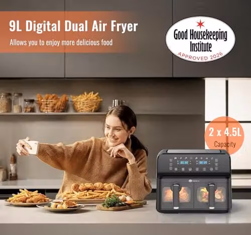 PureMate 9L Dual Air Fryer in Black with Digital Display, 2500W Dual Zone Cooking, Timer and Dishwasher Safe Parts – 8