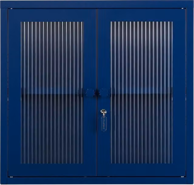 Mustard Made The Kit Wall Mounted Retro Metal Cabinet with Glass Doors and Internal Shelves in Blue, H 60 cm x W 57 cm x D 18 cm